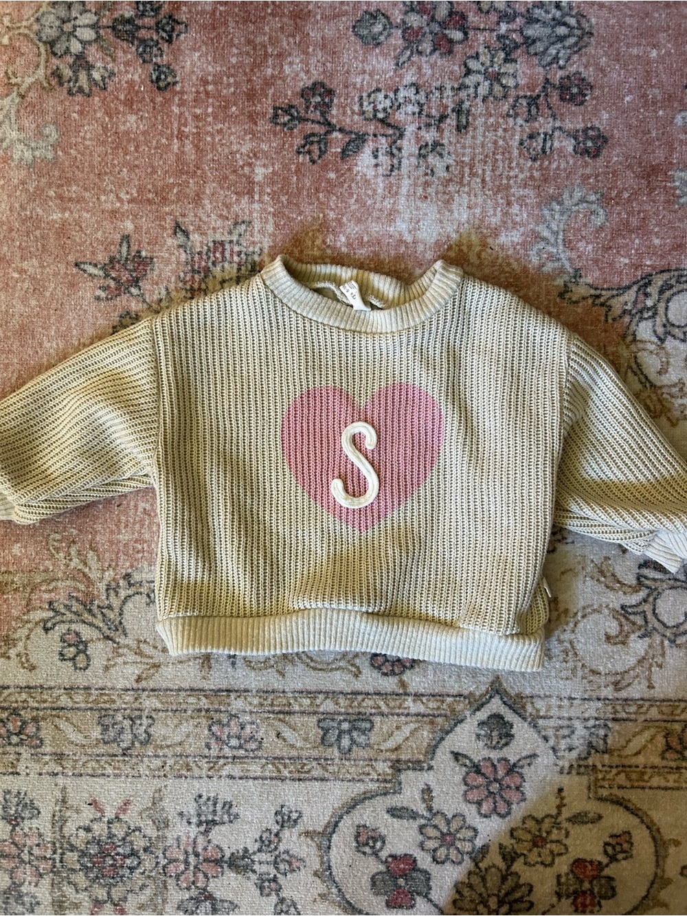 Baby Cream Knit Sweater with Pink Heart and S Initial, 6-9 months, runs big